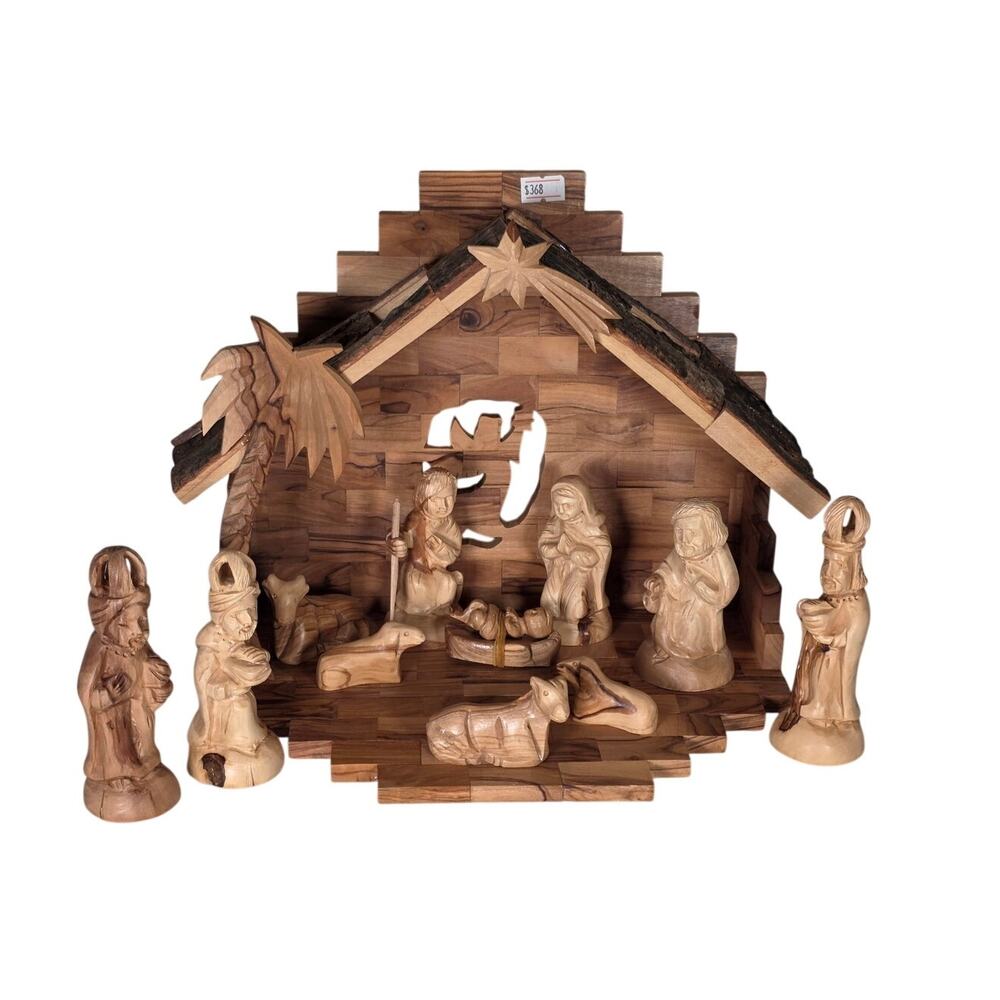 Jerusalem Olive Wood Nativity Set Hand Carved Holy Land Christmas Creche Stable
